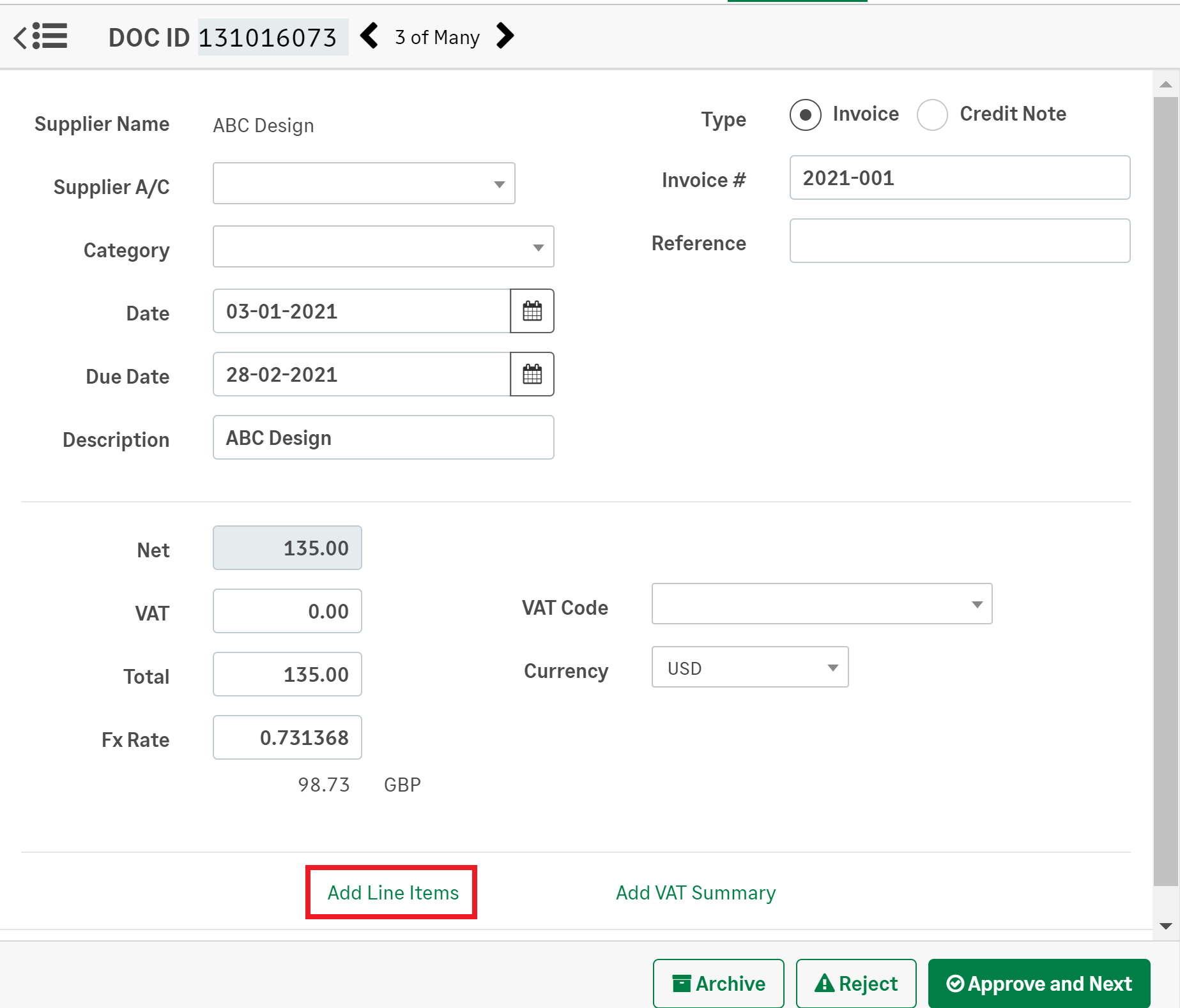 AutoEntry invoice review screen with supplier details, VAT and approval controls