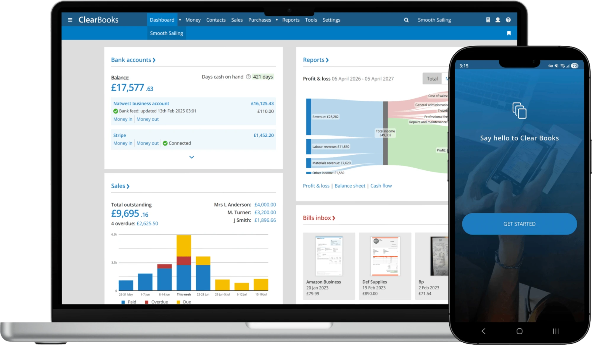 Clear Books accounting software on a laptop and a phone