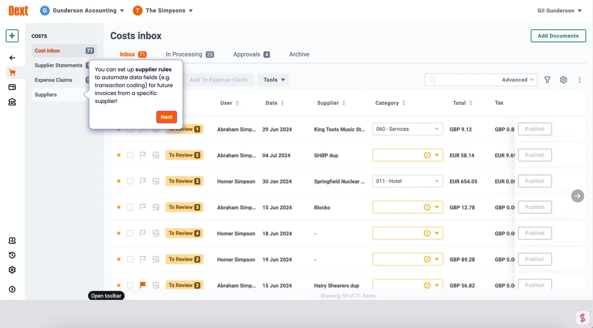 Dext screenshot showing the Costs inbox and supplier invoice review