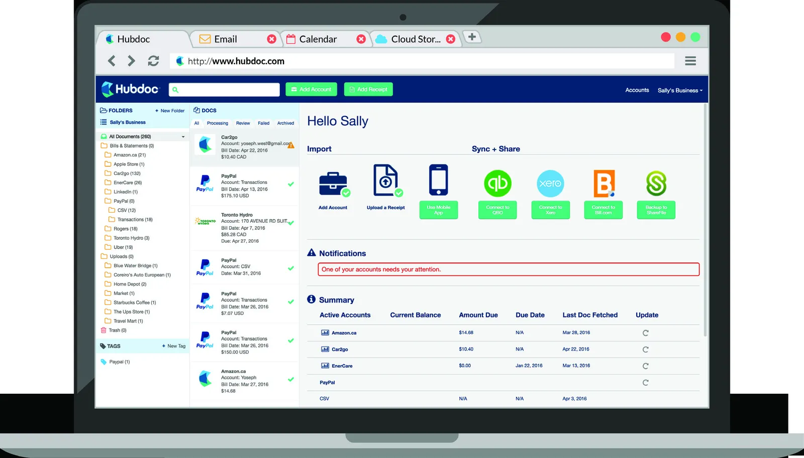 Hubdoc document inbox showing receipts and bills