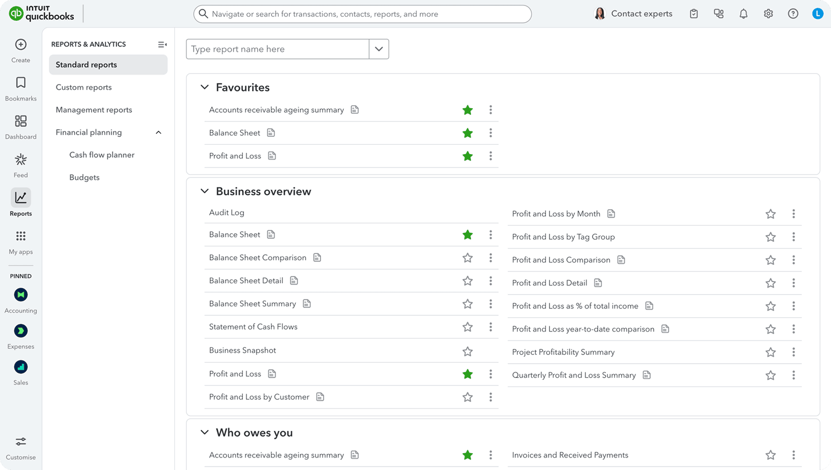 QuickBooks Online UK Reports and Analytics screen