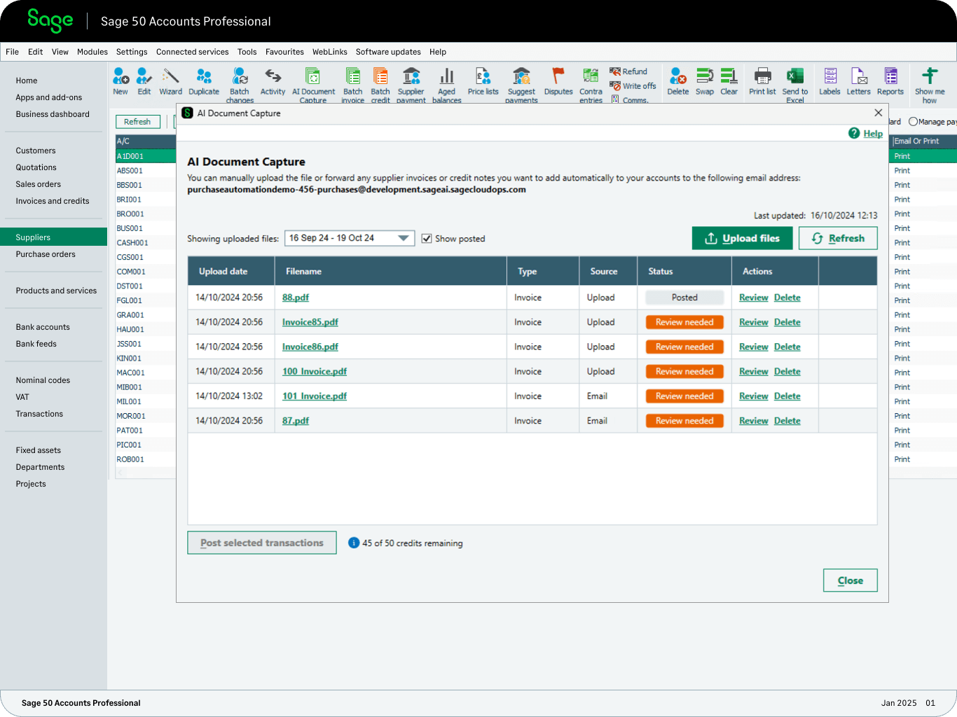 Sage 50 Accounts screenshot showing supplier invoices in its document capture window